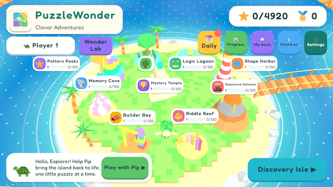 Actual PuzzleWonder island home with Pip and colorful puzzle landmarks